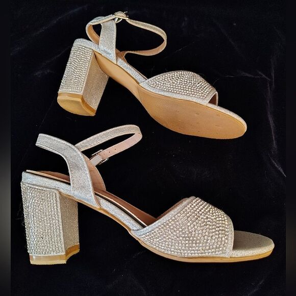 Rhinestone sparkle Silver Chunky Heel Shoes Sandals Sz 6 - Picture 15 of 16